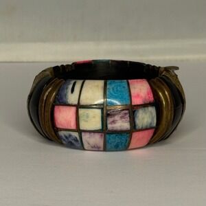 Vintage India Mosaic Inlay Brass Hinged Bangle Bracelet Multicolor‎ Boho